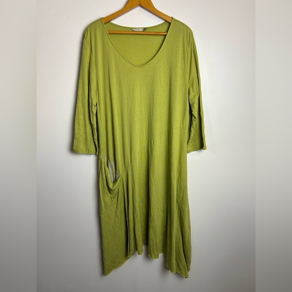 Chalet Et Ceci Midi Dress Women's 1X  Green Lagenlook 3/4 Sleeve Stretch Comfort